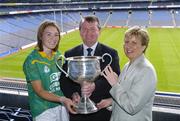 12 July 2004; Geraldine Giles, President of the Ladies Football Association, and Pol O'Gallchoir, TG4 Chief Executive, with Meath captain Jane Burke at the launch of the TG4 2004 Ladies Football Championship, Croke Park, Dublin. Picture credit; David Maher / SPORTSFILE