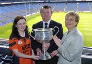 12 July 2004; Geraldine Giles, President of the Ladies Football Association, and Pol O'Gallchoir, TG4 Chief Executive, with Armagh captain Geraldine Grimley at the launch of the TG4 2004 Ladies Football Championship, Croke Park, Dublin. Picture credit; David Maher / SPORTSFILE