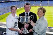 12 July 2004; Geraldine Giles, President of the Ladies Football Association, and Pol O'Gallchoir, TG4 Chief Executive, with Kildare captain Brianne Leahy at the launch of the TG4 2004 Ladies Football Championship, Croke Park, Dublin. Picture credit; David Maher / SPORTSFILE