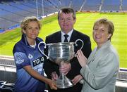 12 July 2004; Geraldine Giles, President of the Ladies Football Association, and Pol O'Gallchoir, TG4 Chief Executive, with Dublin captain Angie McNally at the launch of the TG4 2004 Ladies Football Championship, Croke Park, Dublin. Picture credit; David Maher / SPORTSFILE