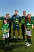 7 September 2013; Republic of Ireland's John O'Shea and FAI Chief Executive John Delaney, Donal Conway, far left, FAI Board Member and child Welfare Committee Chairman, with children Kelley Doherty, age 10, and Paraic Doyle, age 10, at the launch of the FAI Child Welfare Policy. Gannon Park, Malahide, Co. Dublin. Picture credit: David Maher / SPORTSFILE