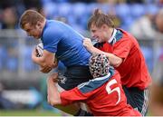 7 September 2013; Jonny Molony, Leinster, is tackled by Sean O'Connor and Tommy Anglim, right, Munster. Under 18 Schools Interprovincial, Leinster v Munster, Donnybrook Stadium, Donnybrook, Dublin. Picture credit: Stephen McCarthy / SPORTSFILE