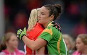 7 September 2013; A dejected Louise Galvin, Kerry, with Bríd Stack, Cork, after the game. TG4 All-Ireland Ladies Football Senior Championship, Semi-Final, Cork v Kerry, Semple Stadium, Thurles, Co. Tipperary. Picture credit: Brendan Moran / SPORTSFILE