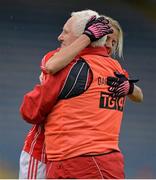 7 September 2013; Cork manager Eamonn Ryan celebrates with Juliet Murphy after the game. TG4 All-Ireland Ladies Football Senior Championship, Semi-Final, Cork v Kerry, Semple Stadium, Thurles, Co. Tipperary. Picture credit: Brendan Moran / SPORTSFILE