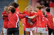 7 September 2013; Juliet Murphy, Cork, celebrates with Ann Marie Walsh, right, and the rest of the Cork team after the final whistle. TG4 All-Ireland Ladies Football Senior Championship, Semi-Final, Cork v Kerry, Semple Stadium, Thurles, Co. Tipperary. Picture credit: Brendan Moran / SPORTSFILE