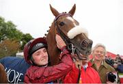 7 September 2013; Jockey Chris Hayes with his mount, La Collina, in the winners enclosure after winning the Coolmore Fusaichi Pegasus Matron Stakes. Leopardstown Racecourse, Leopardstown, Co. Dublin. Picture credit: Barry Cregg / SPORTSFILE