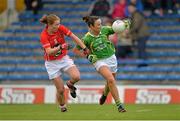 7 September 2013; Louise Galvin, Kerry, in action against Rena Buckley, Cork. TG4 All-Ireland Ladies Football Intermediate Championship, Semi-Final, Cork v Kerry, Semple Stadium, Thurles, Co. Tipperary. Picture credit: Brendan Moran / SPORTSFILE