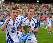 8 September 2013; Waterford players Patrick Curran, left, and Colm Roche celebrate with the Irish Press cup after the game. Electric Ireland GAA Hurling All-Ireland Minor Championship Final, Galway v Waterford, Croke Park, Dublin. Photo by Sportsfile