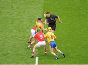 8 September 2013; Referee Brian Gavin throws in the ball to start the game between Patrick Donnellan, left, and Colm Galvin, Clare, and Lorcán McLoughlin, left, and Daniel Kearney, Cork. GAA Hurling All-Ireland Senior Championship Final, Cork v Clare, Croke Park, Dublin. Picture credit: Dáire Brennan / SPORTSFILE