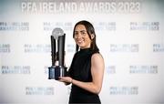 2 December 2023; Sadhbh Doyle of Peamount United with the PFA Ireland Women’s Player of the Year award during the PFA Ireland Awards 2023 at Anantara The Marker Dublin Hotel in Dublin. Photo by Stephen McCarthy/Sportsfile