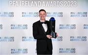 2 December 2023; Chris Forrester of St Patrick's Athletic with the PFA Ireland Men’s Player of the Year award during the PFA Ireland Awards 2023 at Anantara The Marker Dublin Hotel in Dublin. Photo by Stephen McCarthy/Sportsfile