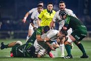 2 December 2023; James Culhane of Leinster is tackled by  Shamus Hurley-Langton, 7, and Dave Heffernan of Connacht during the United Rugby Championship match between Connacht and Leinster at The Sportsground in Galway. Photo by Sam Barnes/Sportsfile