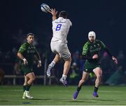 2 December 2023; Mack Hansen of Connacht, right, chips past James Culhane of Leinster during the United Rugby Championship match between Connacht and Leinster at the Sportsground in Galway. Photo by Harry Murphy/Sportsfile