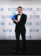 2 December 2023; Ronan Coughlan of Waterford with the PFA Ireland Men’s First Division Player of the Year award during the PFA Ireland Awards 2023 at Anantara The Marker Dublin Hotel in Dublin. Photo by Stephen McCarthy/Sportsfile