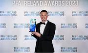 2 December 2023; Ronan Coughlan of Waterford with the PFA Ireland Men’s First Division Player of the Year award during the PFA Ireland Awards 2023 at Anantara The Marker Dublin Hotel in Dublin. Photo by Stephen McCarthy/Sportsfile