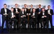 2 December 2023; The PFA Ireland Men’s First Division Team of the Year, from left, Brendan Clarke of Galway United, Stephen Walsh of Galway United, Killian Brouder, Edward McCarthy of Galway United, Rob Slevin of Galway United, David Hurley of Galway United, Jack Doherty of Cobh Ramblers, Giles Phillips of Waterford, Ryan Burke of Waterford and Ronan Coughlan of Waterford, during the PFA Ireland Awards 2023 at Anantara The Marker Dublin Hotel in Dublin. Photo by Stephen McCarthy/Sportsfile