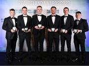 2 December 2023; Galway United PFA Ireland Men’s First Division Team of the Year award recipients, from left, Stephen Walsh, Brendan Clarke, Killian Brouder, Rob Slevin, David Hurley and Edward McCarthy during the PFA Ireland Awards 2023 at Anantara The Marker Dublin Hotel in Dublin. Photo by Stephen McCarthy/Sportsfile