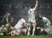 2 December 2023; Cian Healy of Leinster as teammate Jason Jenkins, obscured, scores his side's second try during the United Rugby Championship match between Connacht and Leinster at the Sportsground in Galway. Photo by Harry Murphy/Sportsfile