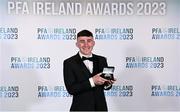 2 December 2023; Edward McCarthy of Galway United with his PFA Ireland Men’s First Division Team of the Year medal during the PFA Ireland Awards 2023 at Anantara The Marker Dublin Hotel in Dublin. Photo by Stephen McCarthy/Sportsfile