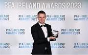 2 December 2023; Brendan Clarke of Galway United with his PFA Ireland Men’s First Division Team of the Year medal during the PFA Ireland Awards 2023 at Anantara The Marker Dublin Hotel in Dublin. Photo by Stephen McCarthy/Sportsfile