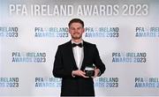 2 December 2023; Rob Slevin of Galway United with his PFA Ireland Men’s First Division Team of the Year medal during the PFA Ireland Awards 2023 at Anantara The Marker Dublin Hotel in Dublin. Photo by Stephen McCarthy/Sportsfile