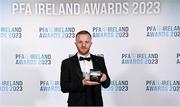 2 December 2023; Jack Doherty of Cobh Ramblers with his PFA Ireland Men’s First Division Team of the Year medal during the PFA Ireland Awards 2023 at Anantara The Marker Dublin Hotel in Dublin. Photo by Stephen McCarthy/Sportsfile
