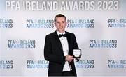 2 December 2023; David Hurley of Galway United with his PFA Ireland Men’s First Division Team of the Year medal during the PFA Ireland Awards 2023 at Anantara The Marker Dublin Hotel in Dublin. Photo by Stephen McCarthy/Sportsfile