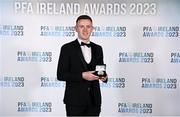 2 December 2023; Killian Brouder of Galway United with his PFA Ireland Men’s First Division Team of the Year medal during the PFA Ireland Awards 2023 at Anantara The Marker Dublin Hotel in Dublin. Photo by Stephen McCarthy/Sportsfile
