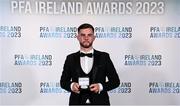 2 December 2023; Ryan Burke of Waterford with his PFA Ireland Men’s First Division Team of the Year medal during the PFA Ireland Awards 2023 at Anantara The Marker Dublin Hotel in Dublin. Photo by Stephen McCarthy/Sportsfile