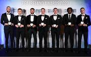 2 December 2023; PFA Ireland Men’s Premier Division Team of the Year 2023 award recipients, from left, Conor Kearns of Shelbourne, Sam Curtis of St Patrick's Athletic, Roberto Lopes of Shamrock Rovers, Chris Forrester of St Patrick's Athletic, Jack Moylan of Shelbourne, Jonathan Afolabi of Bohemians and Ruairí Keating of Cork City during the PFA Ireland Awards 2023 at Anantara The Marker Dublin Hotel in Dublin. Photo by Stephen McCarthy/Sportsfile