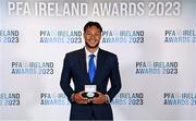 2 December 2023; Giles Phillips of Waterford with his PFA Ireland Men’s First Division Team of the Year medal during the PFA Ireland Awards 2023 at Anantara The Marker Dublin Hotel in Dublin. Photo by Stephen McCarthy/Sportsfile