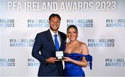 2 December 2023; Giles Phillips of Waterford with his PFA Ireland Men’s First Division Team of the Year medal and Nadia Auld during the PFA Ireland Awards 2023 at Anantara The Marker Dublin Hotel in Dublin. Photo by Stephen McCarthy/Sportsfile