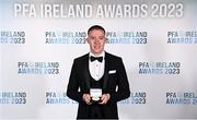 2 December 2023; Jack Moylan of Shelbourne with his PFA Ireland Men’s Premier Division Team of the Year 2023 medal during the PFA Ireland Awards 2023 at Anantara The Marker Dublin Hotel in Dublin. Photo by Stephen McCarthy/Sportsfile