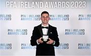 2 December 2023; Ruairí Keating with his PFA Ireland Men’s Premier Division Team of the Year 2023 medal during the PFA Ireland Awards 2023 at Anantara The Marker Dublin Hotel in Dublin. Photo by Stephen McCarthy/Sportsfile