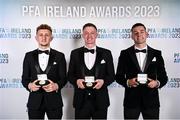 2 December 2023; St Patrick's Athletic PFA Ireland Men’s Premier Division Team of the Year 2023 award recipients, from left, Sam Curtis, Chris Forrester and Ruairí Keating, formerly of Cork City, during the PFA Ireland Awards 2023 at Anantara The Marker Dublin Hotel in Dublin. Photo by Stephen McCarthy/Sportsfile
