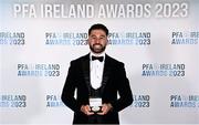 2 December 2023; Roberto Lopes of Shamrock Rovers with his PFA Ireland Men’s Premier Division Team of the Year 2023 medal during the PFA Ireland Awards 2023 at Anantara The Marker Dublin Hotel in Dublin. Photo by Stephen McCarthy/Sportsfile