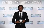 2 December 2023; Jonathan Afolabi of Bohemians with his PFA Ireland Men’s Premier Division Team of the Year 2023 medal during the PFA Ireland Awards 2023 at Anantara The Marker Dublin Hotel in Dublin. Photo by Stephen McCarthy/Sportsfile
