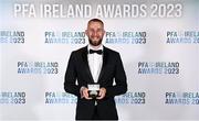 2 December 2023; Conor Kearns of Shelbourne with his PFA Ireland Men’s Premier Division Team of the Year 2023 medal during the PFA Ireland Awards 2023 at Anantara The Marker Dublin Hotel in Dublin. Photo by Stephen McCarthy/Sportsfile