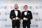 2 December 2023; Shelbourne PFA Ireland Men’s Premier Division Team of the Year 2023 award recipients Conor Kearns, left, and Jack Moylan, during the PFA Ireland Awards 2023 at Anantara The Marker Dublin Hotel in Dublin. Photo by Stephen McCarthy/Sportsfile
