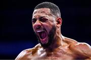 2 December 2023; Caoimhin Agyarko celebrates after his WBA Continental super-welterweight bout against Troy Williamson at the SSE Arena in Belfast. Photo by Ramsey Cardy/Sportsfile