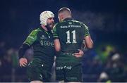 2 December 2023; Diarmuid Kilgallen of Connacht, right, celebrates with team-mate Mack Hansen after scoring his side's third try during the United Rugby Championship match between Connacht and Leinster at The Sportsground in Galway. Photo by Sam Barnes/Sportsfile