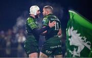 2 December 2023; Diarmuid Kilgallen of Connacht, right, celebrates with team-mate Mack Hansen after scoring his side's third try during the United Rugby Championship match between Connacht and Leinster at The Sportsground in Galway. Photo by Sam Barnes/Sportsfile