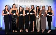 2 December 2023; PFA Ireland Women’s Premier Division Team of the Year award recipients, from left, Jess Gargan of Shamrock Rovers, Jessica Hennessy of Shamrock Rovers, Jetta Berrill of Peamount United, Sadhbh Doyle of Peamount United, Karen Duggan of Peamount United, Alex Kavanagh of Shelbourne, Madie Gibson of Athlone Town and Dana Scheriff of Athlone Town during the PFA Ireland Awards 2023 at Anantara The Marker Dublin Hotel in Dublin. Photo by Stephen McCarthy/Sportsfile