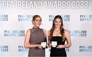 2 December 2023; Athlone Town PFA Ireland Women’s Premier Division Team of the Year award recipients Madie Gibson, left, and Dana Scheriff during the PFA Ireland Awards 2023 at Anantara The Marker Dublin Hotel in Dublin. Photo by Stephen McCarthy/Sportsfile