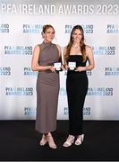 2 December 2023; Athlone Town PFA Ireland Women’s Premier Division Team of the Year award recipients Madie Gibson, left, and Dana Scheriff during the PFA Ireland Awards 2023 at Anantara The Marker Dublin Hotel in Dublin. Photo by Stephen McCarthy/Sportsfile