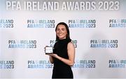 2 December 2023; Sadhbh Doyle of Peamount United with her PFA Ireland Women’s Premier Division Team of the Year medal during the PFA Ireland Awards 2023 at Anantara The Marker Dublin Hotel in Dublin. Photo by Stephen McCarthy/Sportsfile