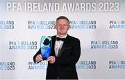 2 December 2023; Peamount United manager James O'Callaghan with the PFA Ireland Women's Manager of the Year award during the PFA Ireland Awards 2023 at Anantara The Marker Dublin Hotel in Dublin. Photo by Stephen McCarthy/Sportsfile