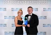 2 December 2023; Peamount United manager James O'Callaghan is presented with the PFA Ireland Women's Manager of the Year award by former Republic of Ireland international Caroline Thorpe during the PFA Ireland Awards 2023 at Anantara The Marker Dublin Hotel in Dublin. Photo by Stephen McCarthy/Sportsfile