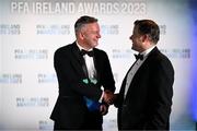 2 December 2023; Peamount United manager James O'Callaghan, left, is congratulated by Wexford manager James Keddy after winning the PFA Ireland Women's Manager of the Year award during the PFA Ireland Awards 2023 at Anantara The Marker Dublin Hotel in Dublin. Photo by Stephen McCarthy/Sportsfile