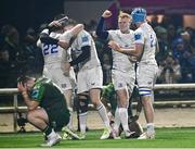 2 December 2023; Ciarán Frawley of Leinster, second right, celebrates with teammates after scoring his side's fourth try during the United Rugby Championship match between Connacht and Leinster at the Sportsground in Galway. Photo by Harry Murphy/Sportsfile